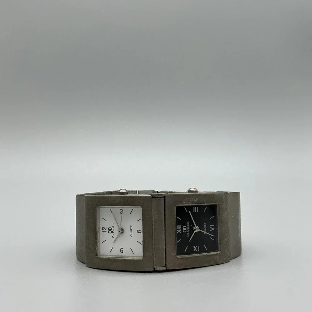 Os.Dandon Womens Watch 25mm Dual Time White Black Bracelet New Battery 7.75